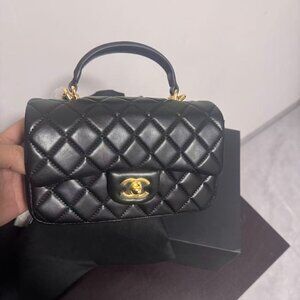 Chanel CC Classic Flap Black Lambskin Mini Handbag with Gold Buckle